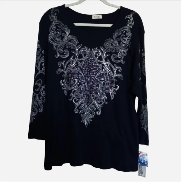 Y2K Fleur De Lis Rhinestone Mcbling Long Sleeve Shirt - Picture 1 of 9